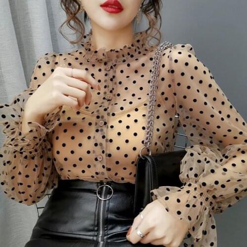 Blouse Women Dot Mesh Shirt Womens 2020 Sexy Slim Top Two-Piece Set Blusas Ropa De Mujer