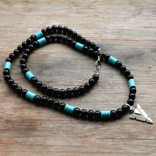 Black Necklace 6mm Natural stone bead & Personality Arrow pendant Necklace for men