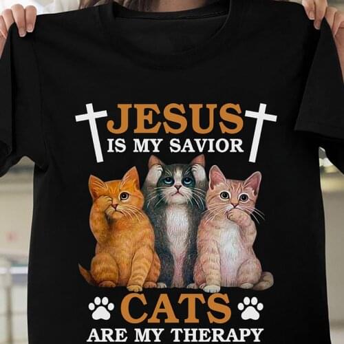 Colored Jesus Is My Savior Cats Are My Therapy T-shirt Funny Christian Cat Lover Gift Tshirt Cute Women Religion Christ Tee Top