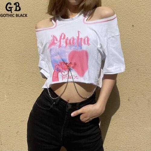 Gothblack T Shirt Fashion Heart Gun Letter Print Chain Solid O Neck Off Shoulder Crop Top Loose Slim Short Women Clothes Street