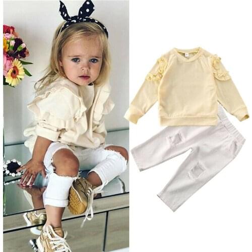 2020 Spring Autumn Baby Girl Long Sleeve Tops+Hole Pants Toddler Kid Clothes Girls Boutique Outfits Set Roupa De Menina
