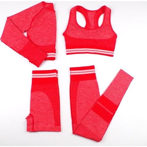4PCS Seamless Women Yoga Suit Set Workout Sportswear Gym Clothing Fitness Long Sleeve Crop Top High Waist Leggings Sports Suits