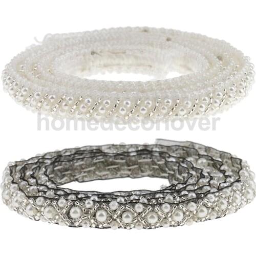 2 Pieces Assorted Color 1cm Pearl Beaded Lace Ribbon Trims Sewing Appliques Embellishments for Crafts Decor