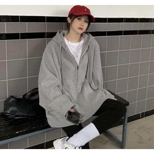 2021 New Spring Autumn Loose Korean Style Oversize Gray Hooded Coat Fashion Ins Trend Solid Color Zipper Casual Hooded Jacket