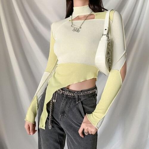 Patchwork Tees Top Hollow Out Sexy Skinny Shirts Long Sleeve Ruffles Tops Cropped Womens Clothing 2021 Streetwear Tee Shirt Top