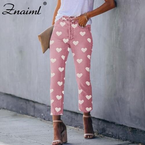 Znaiml Fashion Loving Heart Pattern Stretch High Waist Jeans Women 2021 Skinny Washed Pink Trousers Female Denim Pencil Pants