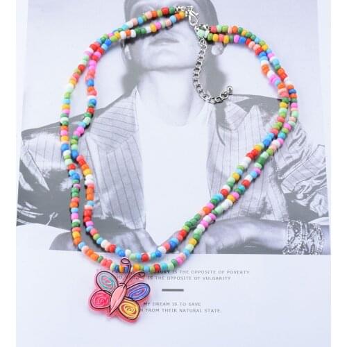 Fashion Colorful Acrylic Seeds Beads Handmade Choker Necklace Women Girls Kids Children Jewelry Cute Butterfly Pendants Necklace
