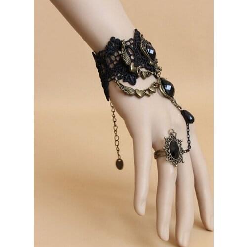 Trendy Black Lace Bracelet Finger Ring Hand Chain Elegant Women Bracelet Metal Crystal Charm Steampunk Lady Vintage Jewelry Gift