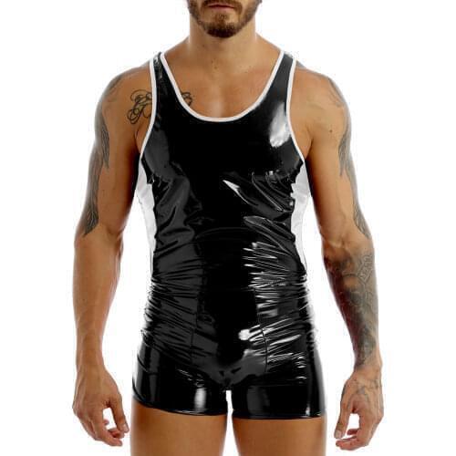 Mens Lingerie Patent Leather Bodysuit Wet Look Design U Neck Backless Skin-Tight Leotard Short Bodysuit Jumpsuit Sexy Clubwear