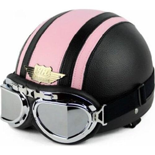 DO NOT miss TOP Quality Black / Pink Leather Half Face Motorcycle Scooter Vespa Biker Helmet with Goggles/Visor S M L XL