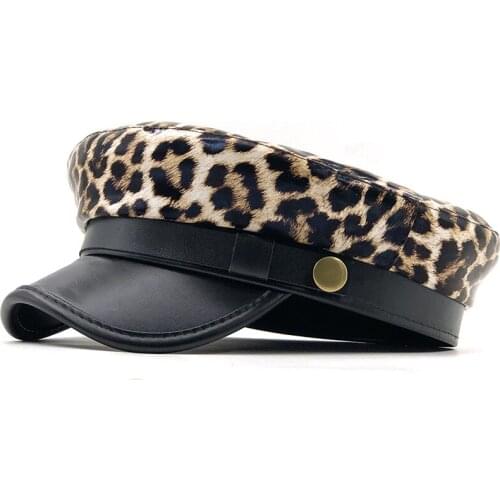New autumn winter PU Beret Hats For Women French Berets Female Leopard print Berets Black Berets With Adjustable Rope