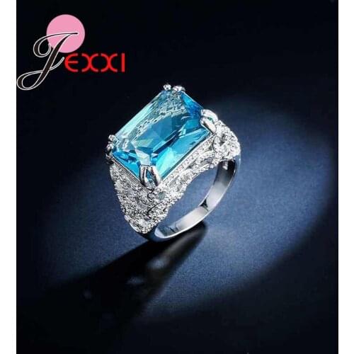 New Big Rectangle Blue Crystal Women 925 Sterling Silver Rings For Engagement Accessory Fashion Brides Wedding Bands Ring
