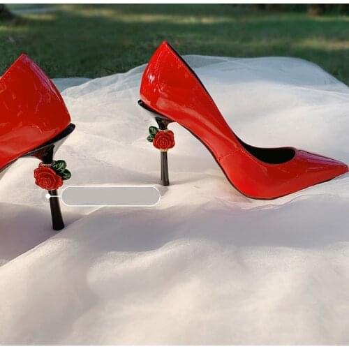 Luxury Women Shoes Red pointe shoes Flower Heel Wedding Shoes Women Elegant Pateng Leather Heel Shoes Ladies Party Stilettos