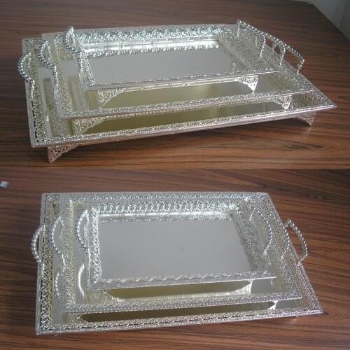 Luxury silver gold plated vassoio rettangolo metal serving tray dessert tray with handle wedding restaurant party decoration 597
