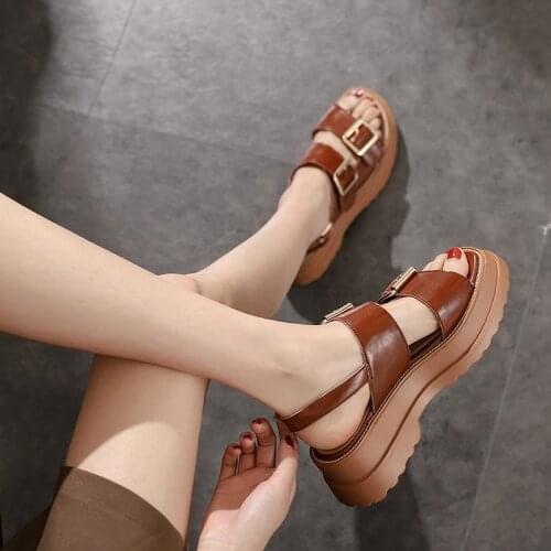 Platform Shoes Women Patent Leather Genuine Cow Leather 2021 Summer Open-Toed Women Slippers Sandals For Women Shoes