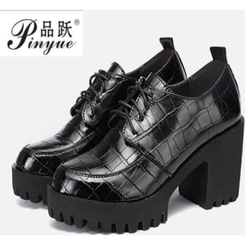 Oxford Spring Fall Deep Mouth Fur High Heels Small Large Size Block Platform Shoes Womens Office Patent Leather