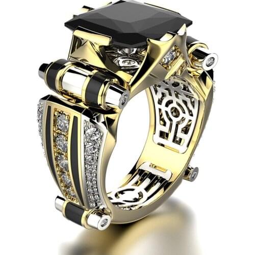 Creative Two-tone Mens Ring Craved Geometric Pattern Inlaid Black Crystal Rhinestone Zircon Metal Ring for Party Jewelry