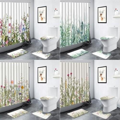 Hand Painted Simple Floral Plant Shower Curtain Flowers Green Leaves Fashion Nordic Decor Bathroom Non-slip Rug Toilet Mats Sets