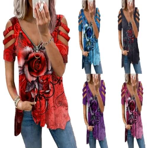 Summer T-Shirt New 2021 Women Sexy Zipper V-neck Hollow Out Short Sleeve Tops Casual Floral Print Loose T Shirts Tees