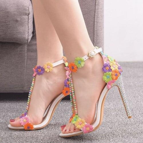 2020 Women Summer Shoes T-stage Fashion Beading Dancing High Heel Sandals Sexy Stiletto Party Wedding Shoes Rainbow Color H0016