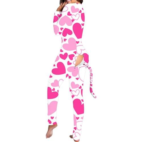 Women Print Long Sleeve Button Flap Nightwear Jumpsuit Bodysuit Playsuit Romper Love-Heart Pattern rompers womens jumpsuit ropa