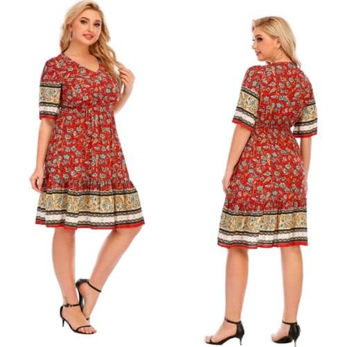 2021 Mother Dress New Summer Hot Sale European And American Style Plus Size V-Neck Short Sleeve Printed Dress For Women