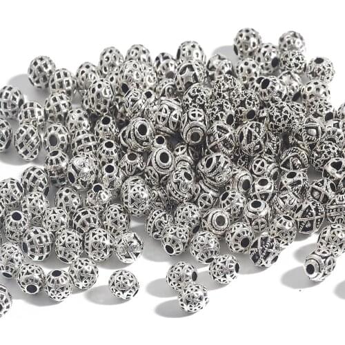 20pcs 6mm Tibetan Antique Silver Plated Metal Beads Hollow Round Loose Beads For Jewelry Making DIY Bracelet Nekclace