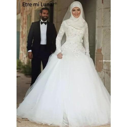 2020 Muslim White Luxurious Bride Wedding Long Sleeve High Neck Evening Gowns WD30612