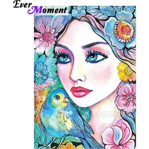Ever Moment Diamond Painting Woman Flower Bird Artwork 5D DIY Mosaic Full Square Drill Rhinestone Diamond Embroidery ASF1946