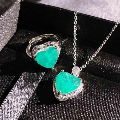 MIQIAO White Gold Love Heart Green Toumaline Stone Luxury Vintage Boho Rings Pendant Collar Chain Necklace for Women Wedding Set