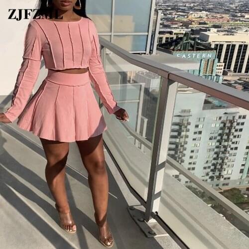 Sexy Bandage Two Piece Set Women Skirts Bright Striped Decoretion Long Sleeve Crop Top+pleated Mini Skirt Sweet Girl Outfits
