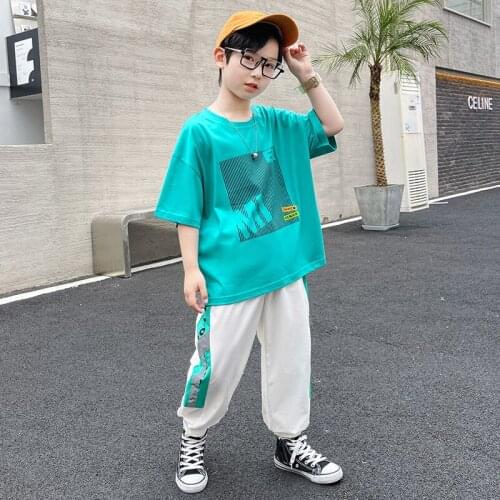 Boys Clothes Set 2021 Summer Kids Korean Fashion Two-piece Suit Casual Loose Print T-shirts Pants Teen Boys Handsome Sport Set