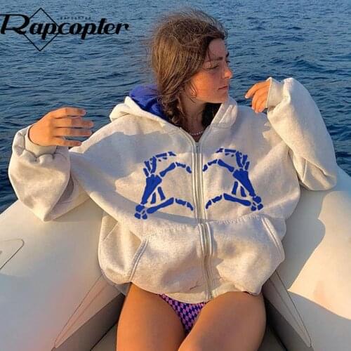 Rapcopter y2k Printed Jackets White Hooded Long Sleeve Coat Skeleton Loose Casual Cute Outwear Women Autumn Winter Korean Top
