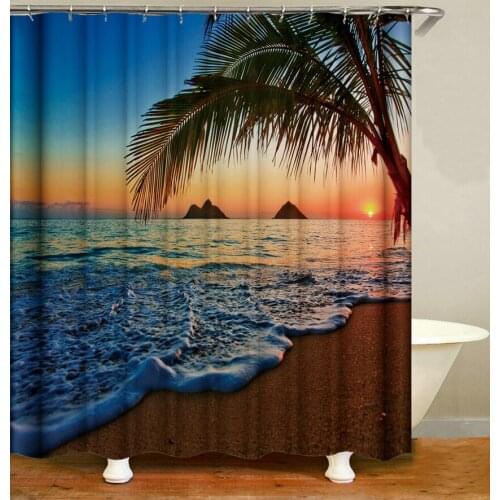 Landscape Shower Curtain Sunset View of Tropical Beach Bath Accessories with 12 Hooks Waterproof Polyester Fabric Bathroom Decor