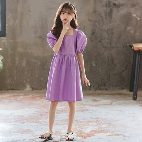 Summer Kids Dresses For Girls Cotton 2021 New Casual Teenager Girl Dress Lantern Sleeve Party Princess Clothing Fashion Purple