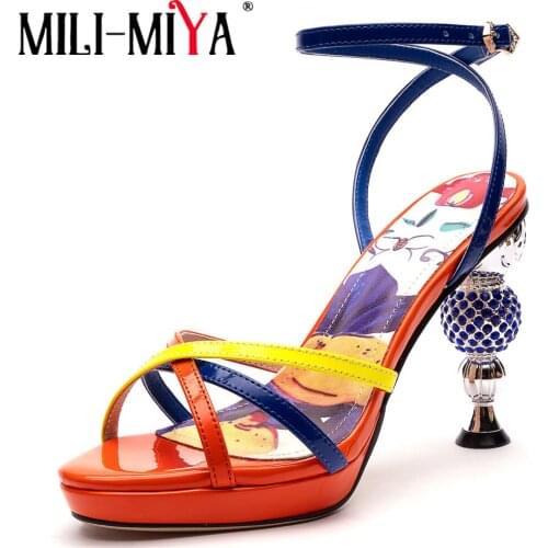 MILI-MIYA Fashion Design Women Patent Leather Ankle Wrap Sandals Strange Heels Mixed Color Round Toe Plus Size 34-43 Summer Shoe