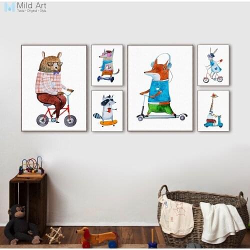Cute Sports Hipster Animals Bear Rabbit Poster Print Nordic Kids Boy Room Wall Art Pictures Home Decor Canvas Paintings No Frame