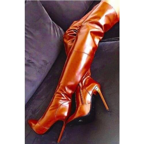 Laser Sexy Purple Orange Pleated Shining Over The Knee Slouch Zipper Runway Dress Boots Pointed Toe Thin High Heel Solid Boots