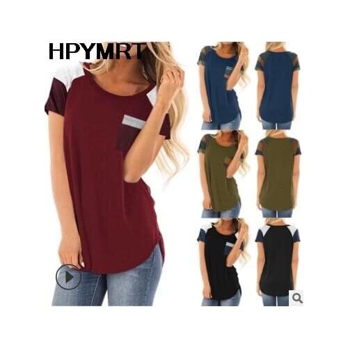 New summer Striped pocket stitching loose short sleeve T-shirt top women tshirt harajuku fashion color t-shirt female streetwear