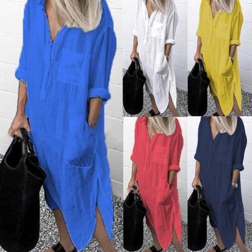 Spring Dress Women Casual Hemp Split Dresses Lapel Long Sleeve White Dress Elegant Official Vestidos Female Tunic Robe 5XL
