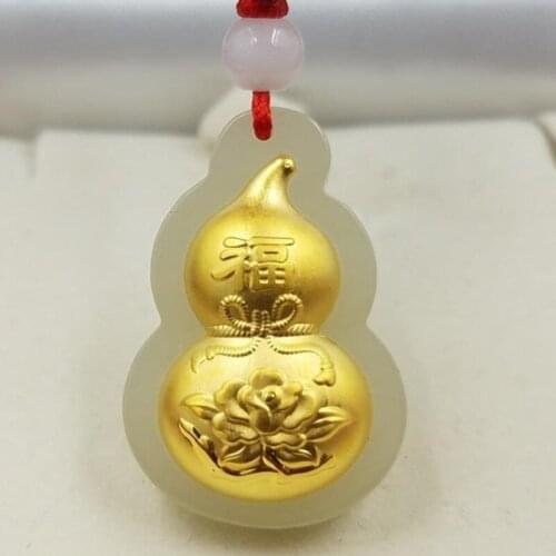 New Arrival Pure 24K Yellow Gold Pendant Nephrite Hetian Jade Luck Flower Gourd Pendant 27x18mm