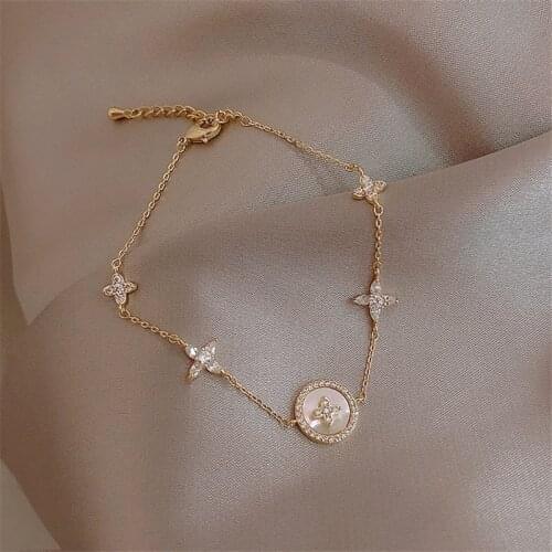 Luxury Fashion Cubic Zirconia Natural Shell Stone Charm Bracelet for Woman Exquisite Gold Chain Cuff Bracelet Girl Jewelry Gift