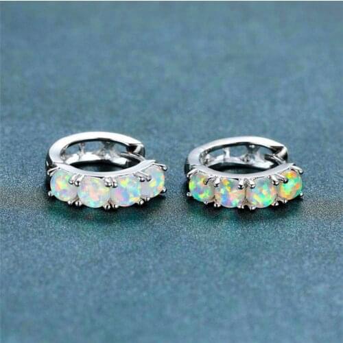 Cute Female Blue White Opal Stone Earrings Silver Color Small Hoop Earrings For Women Trendy Bridal Round Wedding Earrings