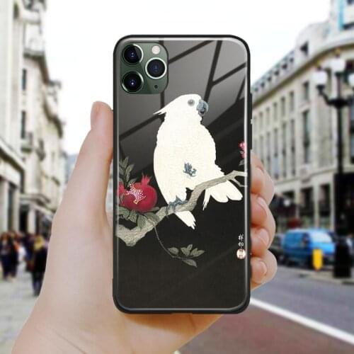 Japanese style Cockatoo and pomegranate Silicone Glass Phone Case Cover For iPhone SE 6 6s 7 8 Plus X XR XS 11 12 Mini Pro Max
