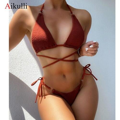 Sexy Wrinkled Halter Strappy Bikinis Swimsuit Women Solid Two-pieces Swimwear 2021 New Brazilian Bikini Set Female Bathing Suit