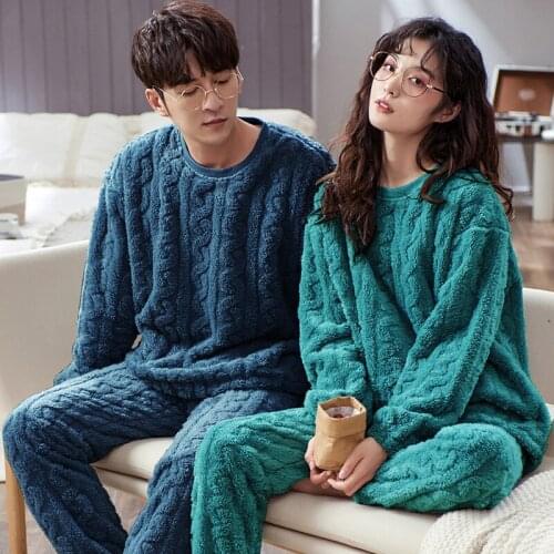 Warm Winter Mens Flannel Pajamas Set Soild Leisure Sleepwear Couple Pajama Sets Casual Sleep&Lounge Pyjamas Lovers Homewear