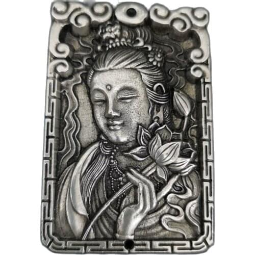 Tibetan silver relief Guanyin amulet pendant Feng Shui lucky pendant
