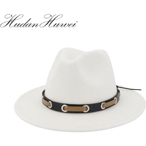 Trendy Men Women Wool Felt Jazz Fedora Hats Panama Trilby Party Formal Top Hat In BLACK ,WHITE AND YELLOW with Belt Decor 60 CM