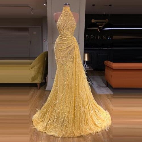Party Dresses Women Evening Plus Size Yellow Sequins With Tassels Halter Neck Illusion Sexy Saudi Party Prom Girls Long Gowns