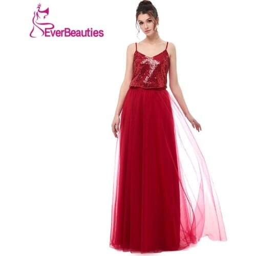 Wine Red Bridesmaid Dress Long 2020 Sequin with Tulle V-Neck Party Gown Wedding Prom Dress for Bridesmaid